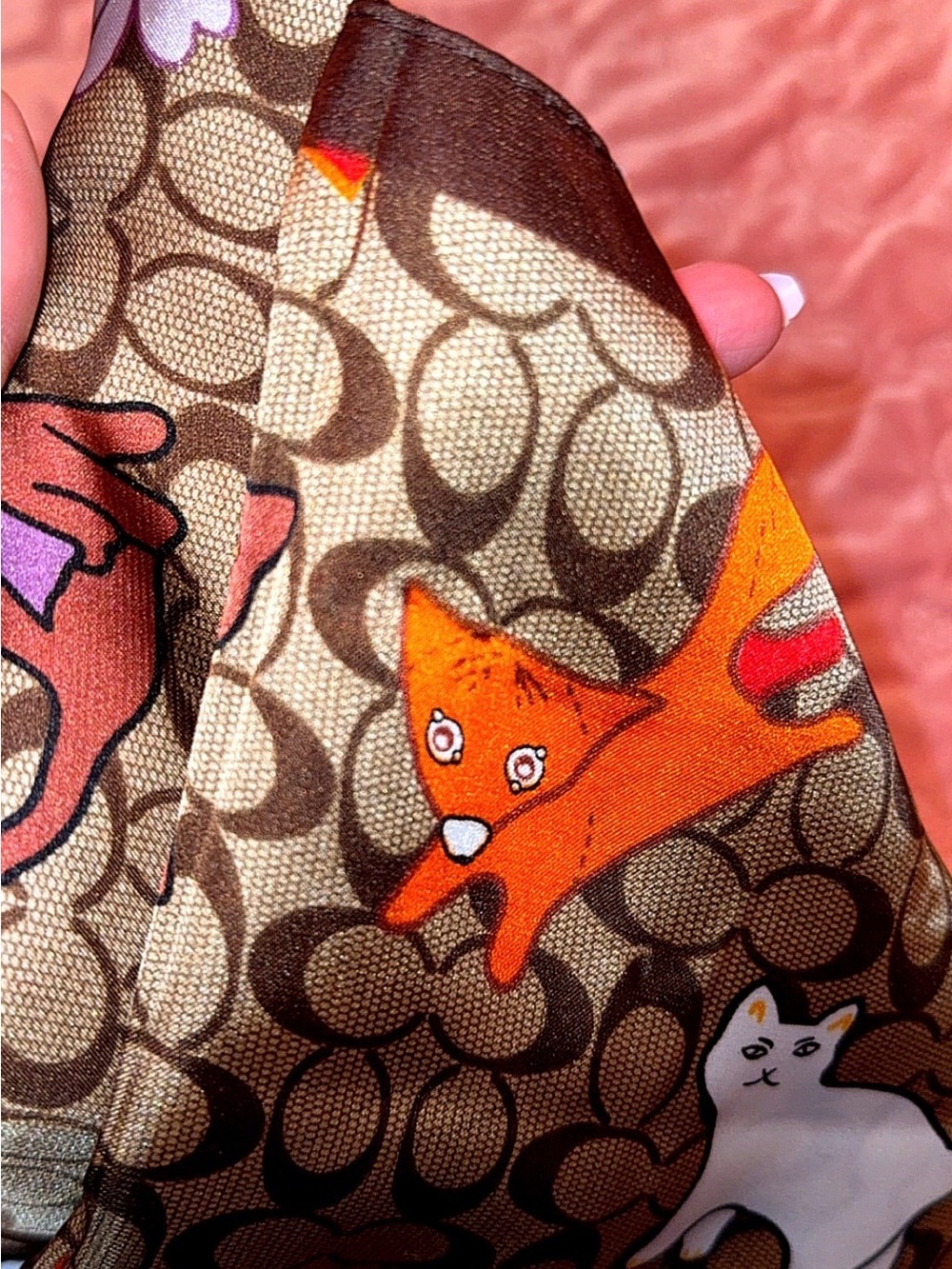 Brown Patterned Silk-Feel Headscarf with Orange Accents - Picture 10 of 11